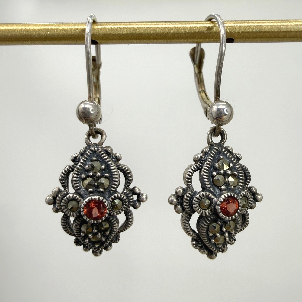 Judith Jack Earrings‎ Sterling Silver Garnet Marcasite Art Deco Drop Leverback